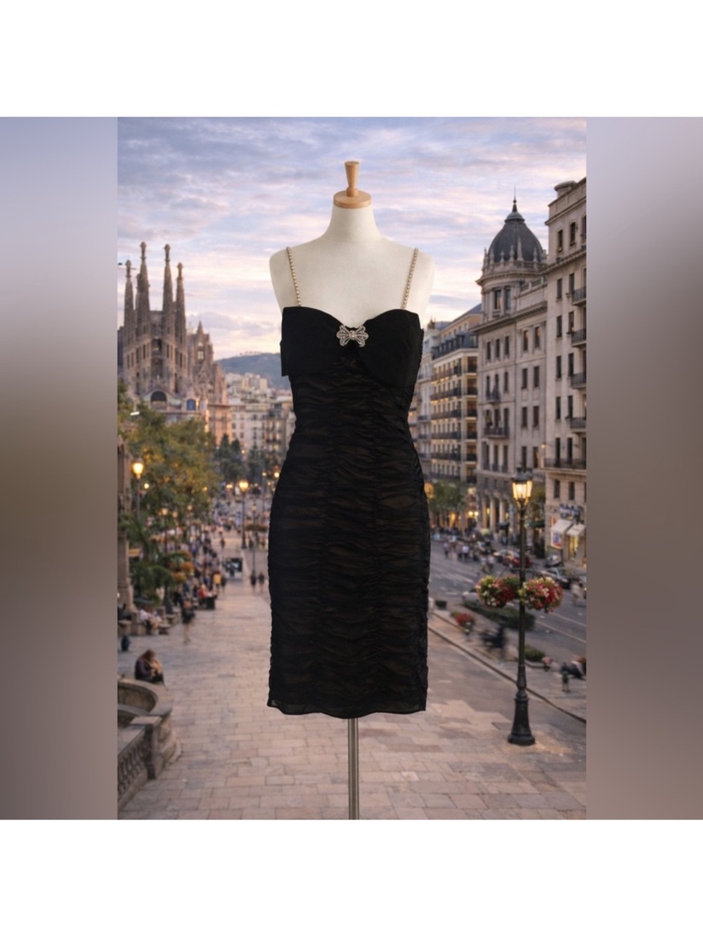 Self-Portrait Black Mini Dress with Chain Straps and Bow